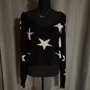 Olivaceous Off-Shoulder Black Sweater with White Stars